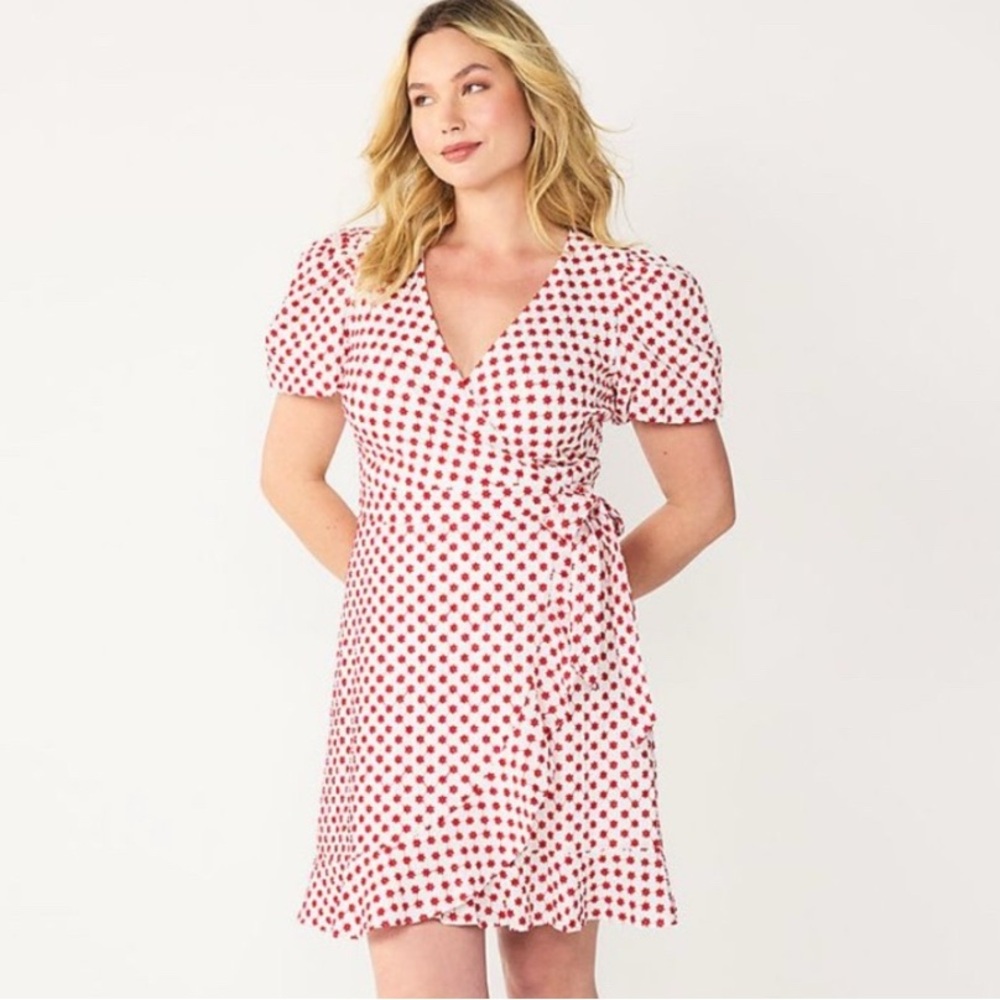 Draper James RSVP Embroidered Flowers Puff Sleeve Red White Wrap Dress Small